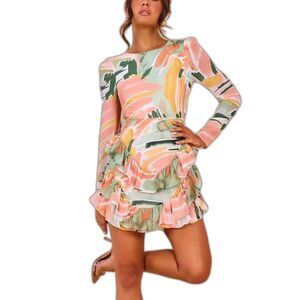 Abstract Pastel Chiffon Mini Dress XS Open Back Ruffle Tier Picasso Art Cocktail
